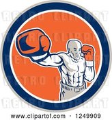 Vector Clip Art of Retro Male Boxer Punching in a Blue and Orange Circle by Patrimonio