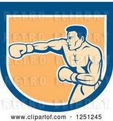 Vector Clip Art of Retro Male Boxer Punching in a Blue White and Orange Shield by Patrimonio