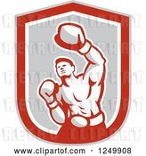 Vector Clip Art of Retro Male Boxer Punching in a Gray and Red Shield by Patrimonio