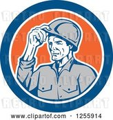 Vector Clip Art of Retro Male Builder Tipping His Hardhat in a Blue and Orange Circle by Patrimonio
