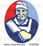 Vector Clip Art of Retro Male Butcher Holding a Meat Cleaver in a Red and Blue Oval by Patrimonio