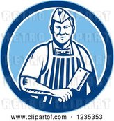 Vector Clip Art of Retro Male Butcher Holding a Meat Cleaver Knife in a Blue Circle by Patrimonio