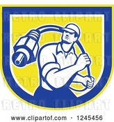 Vector Clip Art of Retro Male Cable Guy with a Coaxial Cable in a Shield by Patrimonio
