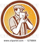 Vector Clip Art of Retro Male Camera Guy Filming in a Tan Brown White and Orange Ray Circle by Patrimonio