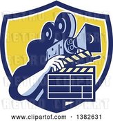 Vector Clip Art of Retro Male Cameraman Filming and Holding a Clapper in a Blue White and Yellow Shield by Patrimonio