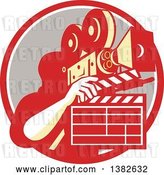 Vector Clip Art of Retro Male Cameraman Filming and Holding a Clapper in a Red White and Taupe Circle by Patrimonio