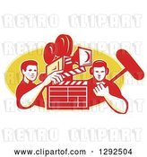 Vector Clip Art of Retro Male Cameraman Filming and Holding a Clapper, with a Boom Guy over a Yellow Oval by Patrimonio