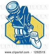 Vector Clip Art of Retro Male Cameraman Filming in a Blue and Yellow Hexagon by Patrimonio