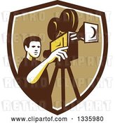 Vector Clip Art of Retro Male Cameraman Filming in a Brown White and Tan Shield by Patrimonio