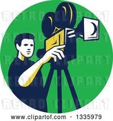 Vector Clip Art of Retro Male Cameraman Filming in a Green Circle by Patrimonio