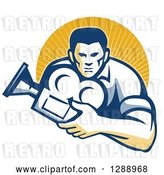Vector Clip Art of Retro Male Cameraman Holding a Camera and Emerging from a Circle of Sunshine by Patrimonio