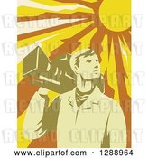 Vector Clip Art of Retro Male Cameraman Holding a Camera on His Shoulder Under a Blazing Sun by Patrimonio