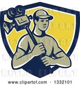 Vector Clip Art of Retro Male Cameraman in a Navy Blue, White and Yellow Shield by Patrimonio