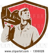 Vector Clip Art of Retro Male Cameraman Looking to the Side and Emerging from a Brown White and Red Shield by Patrimonio