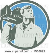 Vector Clip Art of Retro Male Cameraman Looking to the Side and Emerging from a Green White and Blue Circle by Patrimonio