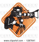 Vector Clip Art of Retro Male Cameraman Working in a White and Orange Sunburst Diamond by Patrimonio