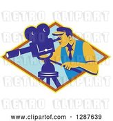 Vector Clip Art of Retro Male Cameraman Working in a Yellow Brown and Blue Diamond by Patrimonio