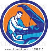 Vector Clip Art of Retro Male Car Mechanic Working on an Automobile in a Blue White and Orange Circle by Patrimonio