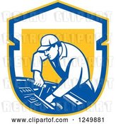 Vector Clip Art of Retro Male Car Mechanic Working on an Automobile in a Shield by Patrimonio