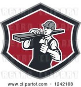 Vector Clip Art of Retro Male Carpenter Carrying Lumber in a Shield by Patrimonio