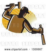 Vector Clip Art of Retro Male Carpenter Hammering a Chisel over an Oval of Sunshine by Patrimonio