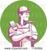 Vector Clip Art of Retro Male Carpenter Holding a Brush and Hammer over a Green Circle by Patrimonio