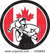 Vector Clip Art of Retro Male Carpenter Holding a Giant Hammer in a Canadian Flag Circle by Patrimonio