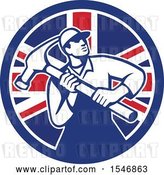 Vector Clip Art of Retro Male Carpenter Holding a Giant Hammer in a Union Jack Flag Circle by Patrimonio