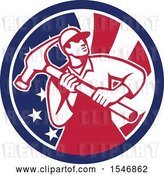 Vector Clip Art of Retro Male Carpenter Holding a Giant Hammer in an American Flag Circle by Patrimonio