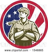 Vector Clip Art of Retro Male Carpenter Holding a Hammer in an American Flag Circle by Patrimonio