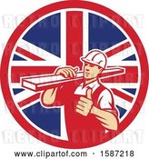 Vector Clip Art of Retro Male Carpenter Holding a Thumb up and Carrying Lumber in a Union Jack Flag Circle by Patrimonio