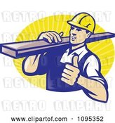 Vector Clip Art of Retro Male Carpenter Holding a Thumb up and Carrying Lumber over Yellow Rays by Patrimonio