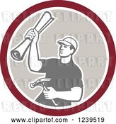 Vector Clip Art of Retro Male Carpenter Holding up Blueprints and a Hammer in a Circle by Patrimonio