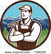 Vector Clip Art of Retro Male Carpenter with Folded Arms, Holding a Hammer in a Circle of Mountains by Patrimonio