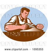 Vector Clip Art of Retro Male Carpenter Working with Smooth Plane over a Blue Oval by Patrimonio