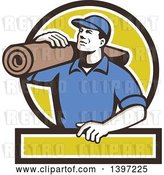 Vector Clip Art of Retro Male Carpet Layer Carrying a Roll in a Black White and Green Frame by Patrimonio