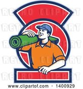 Vector Clip Art of Retro Male Carpet Layer Carrying a Roll in a Blue White and Red Frame by Patrimonio