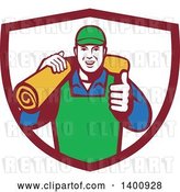 Vector Clip Art of Retro Male Carpet Layer Giving a Thumb up and Carrying a Roll in a Shield by Patrimonio