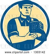 Vector Clip Art of Retro Male Cheesemaker Holding a Parmesan Round in a Blue White and Yellow Circle by Patrimonio