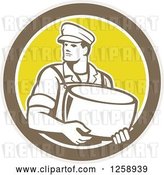 Vector Clip Art of Retro Male Cheesemaker Holding a Parmesan Round in a Tan Brown White and Yellow Circle by Patrimonio