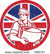Vector Clip Art of Retro Male Cheesemaker Holding a Parmesan Round in a Union Jack Flag Circle by Patrimonio