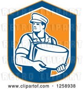Vector Clip Art of Retro Male Cheesemaker Holding a Parmesan Round in an Orange Blue and White Shield by Patrimonio