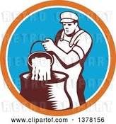 Vector Clip Art of Retro Male Cheesemaker Pouring a Bucket of Curd and Whey into a Vat in an Orange White and Blue Circle by Patrimonio