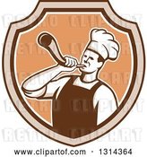 Vector Clip Art of Retro Male Chef Blowing a Horn in a Brown and Tan Shield by Patrimonio