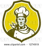 Vector Clip Art of Retro Male Chef Bust in a Green and White Shield by Patrimonio