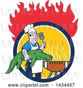 Vector Clip Art of Retro Male Chef Carrying an Alligator and Spatula to a Football Grill in a Circle Under Flames by Patrimonio