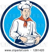 Vector Clip Art of Retro Male Chef Holding a Bowl and Spoon in a Blue and White Circle by Patrimonio