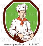 Vector Clip Art of Retro Male Chef Holding a Bowl and Spoon in a Brown White and Green Shield by Patrimonio