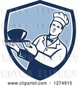 Vector Clip Art of Retro Male Chef Holding a Bowl of Soup in a Blue and White Shield by Patrimonio