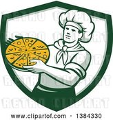 Vector Clip Art of Retro Male Chef Holding a Pizza Pie in a White and Green Shield by Patrimonio